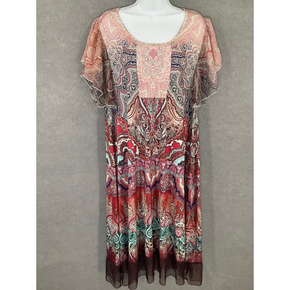 One World Paisley Dress Women's 1X Flutter Sleeve Embellished Colorful Bohemian